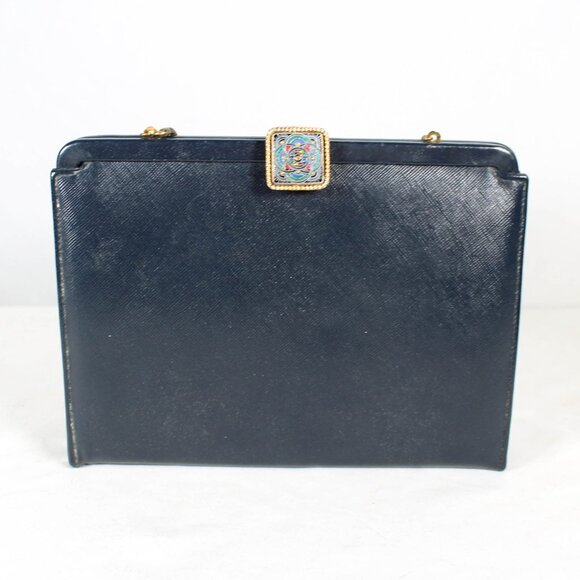 Vintage 1950s Navy Faux Leather Handbag with Art Deco Latch & Metal Chain - Picture 1 of 16